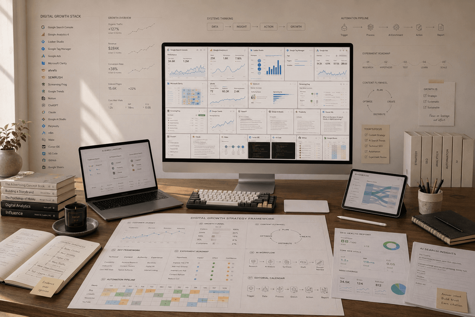 Editorial research environment representing artificial intelligence, consumer psychology and strategic analysis